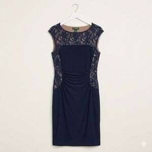 Lauren Ralph Lauren Navy stretch lace sequin sheath dress Slimming ruched Sz 10